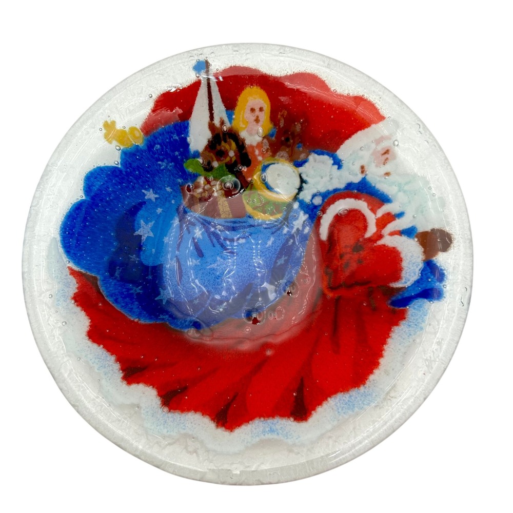Vintage Peggy Karr Fused Art Glass Christmas Bowl Santa Toy Sack 8.5"